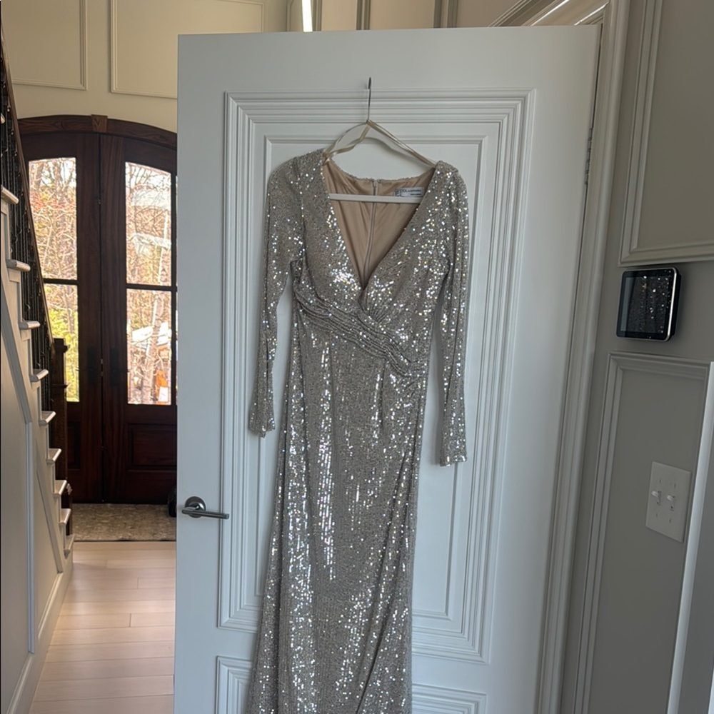 Mac Duggal Silver Sequin Plunge Gown